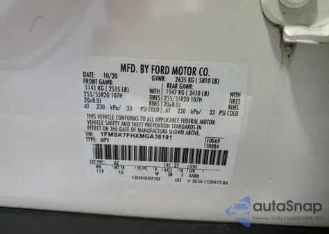 2021 Ford Explorer Limited z USA, uszkodzony, nr VIN 1FMSK7FHXMGA38191